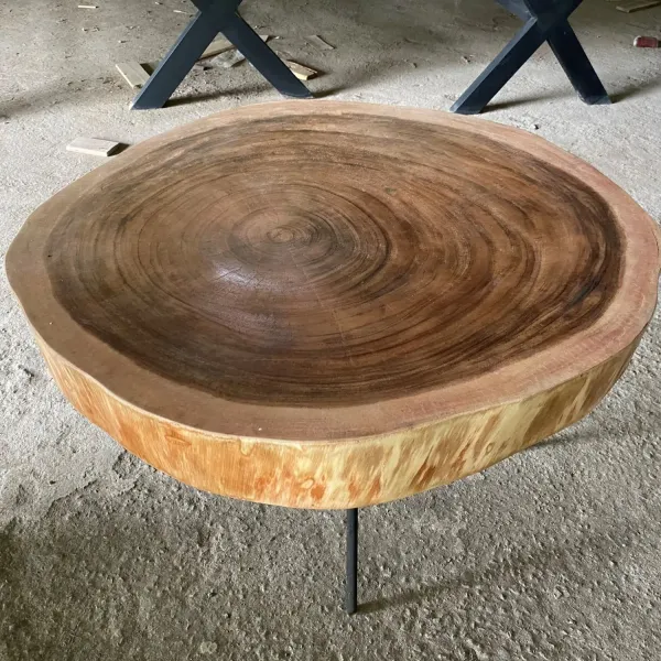 Niedriger Naturholztisch rund aus Suar mit Metallbeinen "Spider". 96cm Länge, 94cm Breite, 60cm Höhe. Tischplatte 10cm dick. 